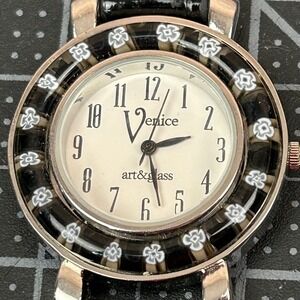Venice‎ Art & Glass Millefiori Floral Bezel Watch Black Croc Strap Stainless
